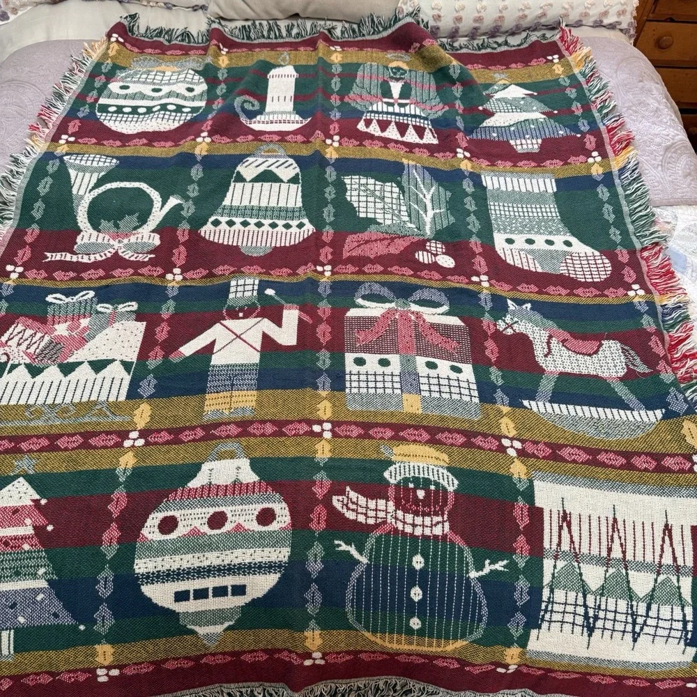 Vintage Tapestry Woven‎ Throw Holly Stockings Snowman Blanket Holiday Christmas